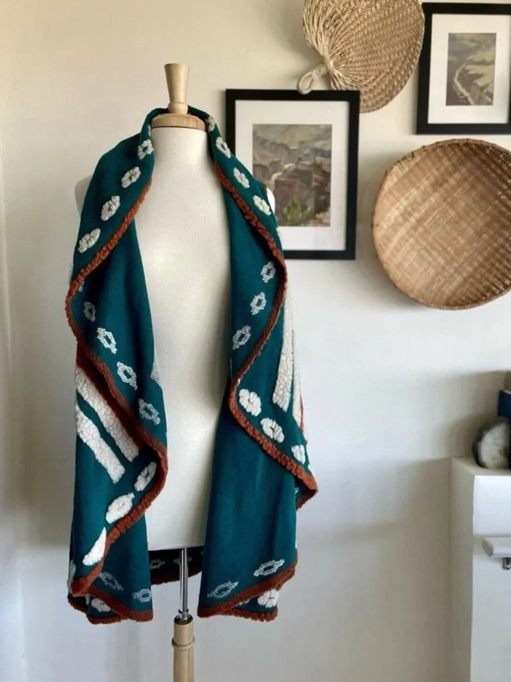Ryan Michael Western Thunderbird Shawl Vest Poncho Wool Santa Fe Teal One Size - Picture 2 of 7